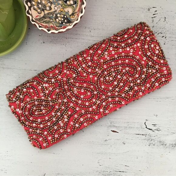Moyna Red Beaded Boho Clutch Bag Purse - Picture 1 of 4